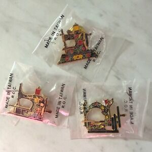 Clotilde Vintage Sewing Machine Enamel Pin Set 3pc Floral 20 Years Gold Tone